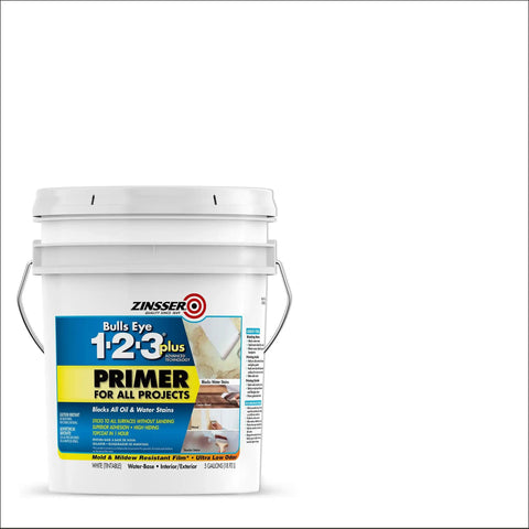 Bullseye 1-2-3 Plus Primer Go-To Interior Exterior Oil Based Sealer For Drywall Wood Concrete Masonry Metal Glossy Surfaces No Sanding Needed Dries In 30 Minutes Covers Up To 400 Sq Ft Per Gallon White 5 Gallon displayed