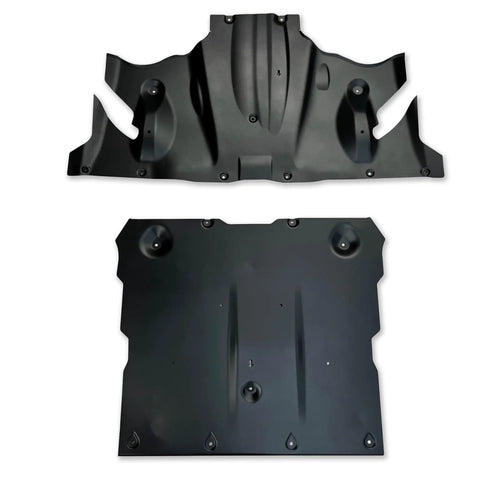 Crush Proof Hydroformed Aluminum Skid Plates For Tesla Model Y Front And Rear With Thick Acoustic Foam To Zero Out Road Noise And Shield Critical Axles During Rough Drives 2020 To 2025 showing top and bottom views of durable protective panels.