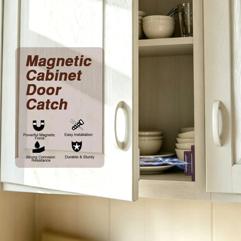 Heavy Duty 12 Pack Brown Cabinet Magnetic Latch Door Catch For Cupboards Drawers Shutters Keeps Doors Dead Set Shut With Zero Hassle Mount And Slick Closing Action showing a cabinet door with latch.