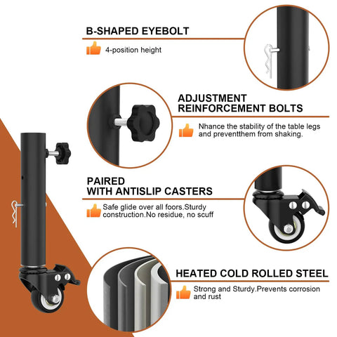Heavy Duty 7 Inch Adjustable Metal Table Leg Extenders Featuring Smooth Rolling Locking Casters for height adjustment and stability.