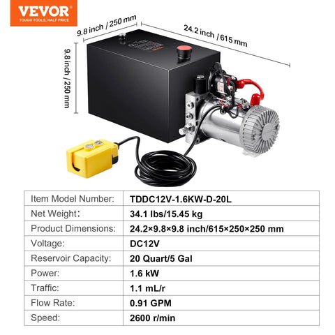 Vevor 20-quart hydraulic power unit with 12V DC single-acting pump and yellow handheld controller (front view)