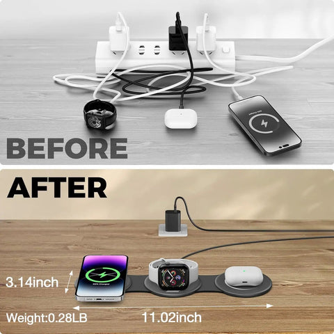 Comparison showing cable clutter before and organized Three-In-One Wireless Charging Dock for iPhone 17 16 15 14 13, Apple Watch and AirPods after