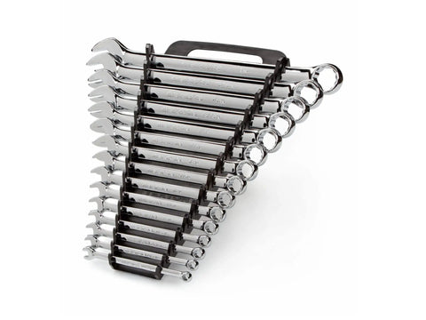 Beefy 15 Piece SAE Combination Wrench Set With Angled Open End For Tight Spaces 1/4 Inch To 1 Inch Sizes Plus Holder on display