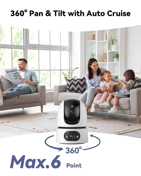 2K WiFi Indoor Security Camera For Pets And Baby With AI Motion And Sound Detection in family living room setting.