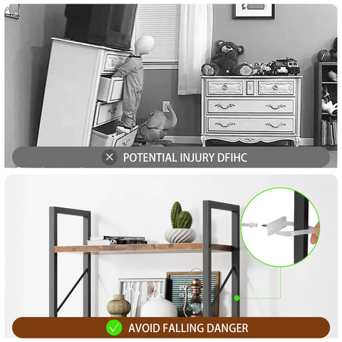 Comparison of a tipping dresser and a stable secured Five Tier Bookshelf Rack Industrial Modern Tall Bookcase For Living Room Bedroom