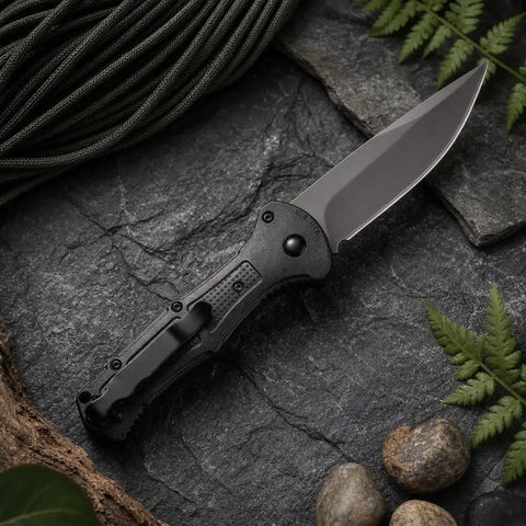 EDC Ready Folding Knife With D2 Steel Blade And Non Slip Fiberglass Handle, Reliable Liner Lock, shown against stone background
