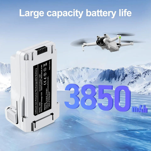 Two Pack 3850mAh Intelligent Flight Battery For DJI Mini Drones with large capacity label, drone flying in background