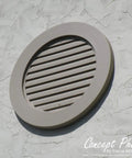 Round Gable Vent With Keystones, Lightweight Urethane Exterior Vent, 34 1/8 W, 34 1/8 H, 1 1/2 P, outdoor installation close-up