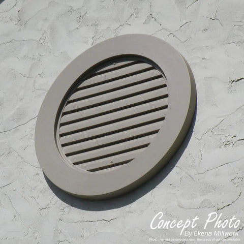 Round Gable Vent With Keystones, Lightweight Urethane Exterior Vent, 34 1/8 W, 34 1/8 H, 1 1/2 P, outdoor installation close-up