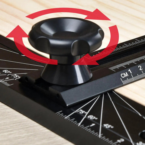 T Shaped Cabinet Pull Jig For Hit The Mark Drill Alignment showing adjustable knob and measurement markings on a black frame.