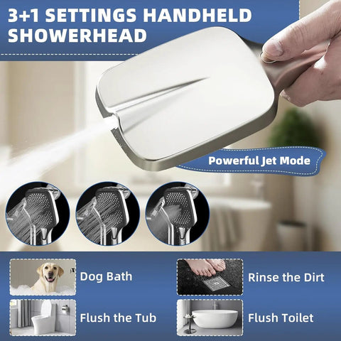 Real Deal 14 Inch Rain Shower Head With Lower Handheld Control And Sleek Chrome Finish Features Heavy Duty Brass Hardware For Epic Full Body Coverage Plus Zero Sweat Hook Up Design showing powerful handheld mode and settings.