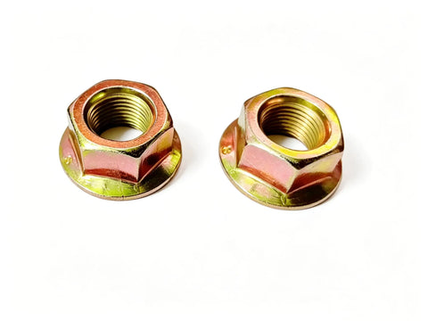 Two heavy-duty flanged spindle blade lock nuts for All In One Steering Shaft Pinion And Bushing Kit for mowers.