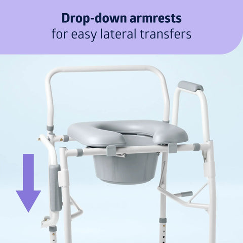 Rock Solid Senior Commode Chair With Knockout Comfort Foam Cushion And Super Smooth Lateral Transfer Drop Arms For Wheelchairs Removable Pail Splash Guard with drop-down armrests for easy lateral transfers.