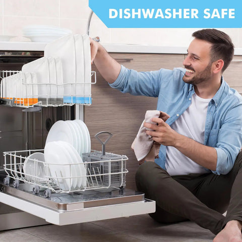 Man placing Mega 10 Pack Reusable Freezer Bags Dishwasher Safe in a dishwasher, showcasing their easy clean feature.