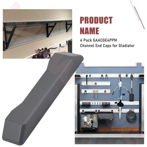Image of a 4 Pack Channel End Caps For Gladiator Track System Tough Durable End Covers That Protect Sharp Track Edges Hide Rough Corners And Keep Your Rails Looking Slick Easy Screw In Install GAACGE4PPM next to installed garage wall rail system.