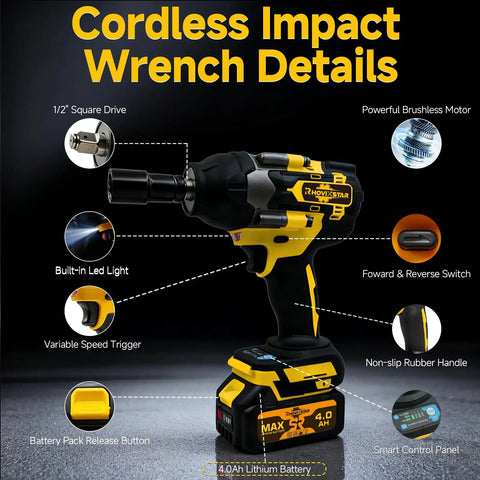 Beefy 580 Nm Cordless Impact Wrench Half Inch Drive With Brushless Motor, Dual Speed Control, 3200 RPM, Pro Grade Heavy Duty Tool Kit, Includes Two 4Ah Batteries And Charger, 1/2-inch drive with LED light and battery pack