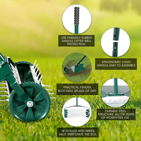 Rolling Lawn Aerator 18 Inch Garden Yard Rotary Push Tine Heavy Duty Spike Soil Aeration Manual Lawn Aeration Tool With 41 Inch Handle detail