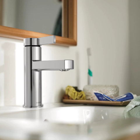 Beric Chrome Modern One-Handle Single Hole Bathroom Faucet with Drain Assembly and Optional Deck Plate in bathroom setting
