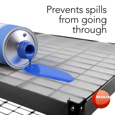 Rock-Solid Heavy-Duty Shelf Liners For Wire Rack Storage - Non Slip Clear Vinyl Mats showing spilled blue paint on a grid shelf.