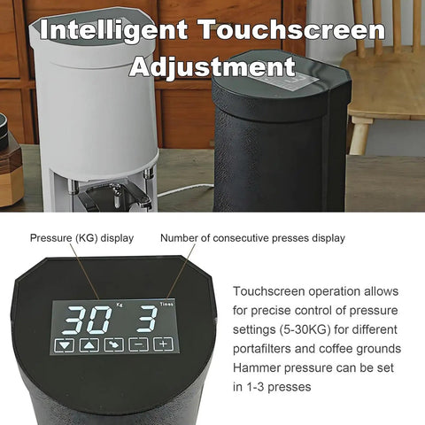 Professional Electric Espresso Tamper Machine With Heavy Duty Stainless Steel Coffee Press and Adjustable Pressure Control touchscreen display