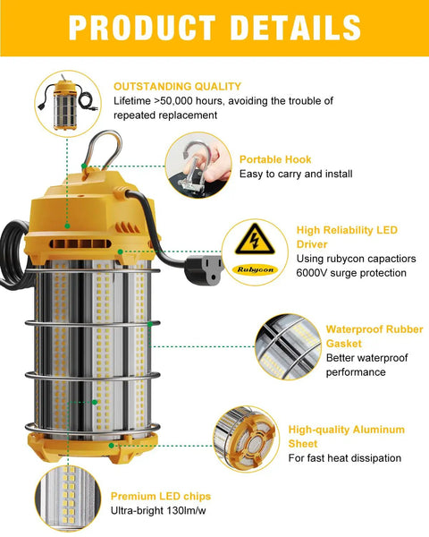 Ultra Bright LED Temporary Work Light 150W 5000K Daylight White, 19,500 Lumens with product details and features