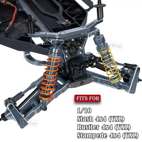 Beefed Up Alloy Front And Rear Suspension Arm Upgrade Kit for 1/10 Slash 4x4 features anodized aluminum A arms in use
