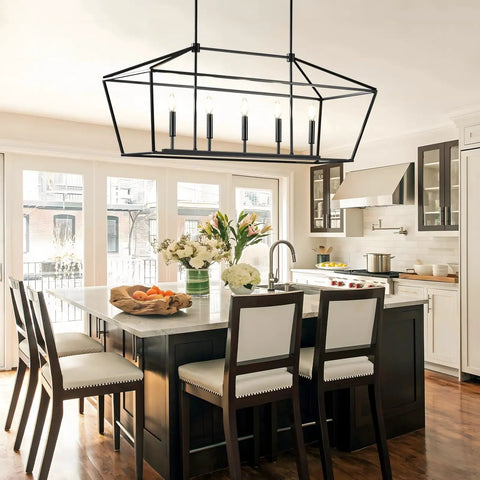 Black Farmhouse Chandelier With Five Lights For Kitchen Island And Dining Room Industrial Height Adjustable Hanging Pendant Lights Metal E12 Rustic Fixture For Dining Area No Bulbs Included Industrial Chic Vibe above kitchen island