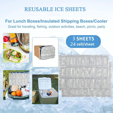 2 Pack Flexible Ice Mats for Food Cooling, Leakproof Gel Sheets, shown in lunch boxes and coolers at beach and picnic settings.