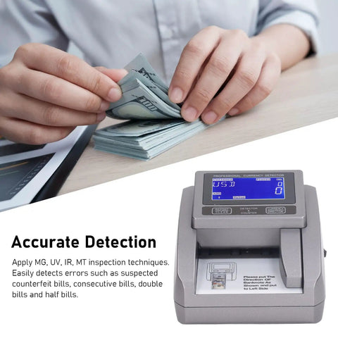 High Efficiency Money Counter Machine With LED Display And Counterfeit Detector on desk with person handling bills