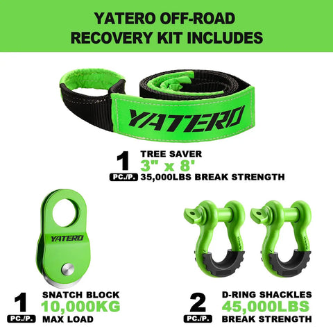 Off Road Recovery Kit With 10 Ton Snatch Block Pulley 3 Inch By 8 Foot Tree Saver Strap Two D Ring Shackles And Heavy Duty Winching Accessories For Truck And SUV Rescue, green recovery gear set