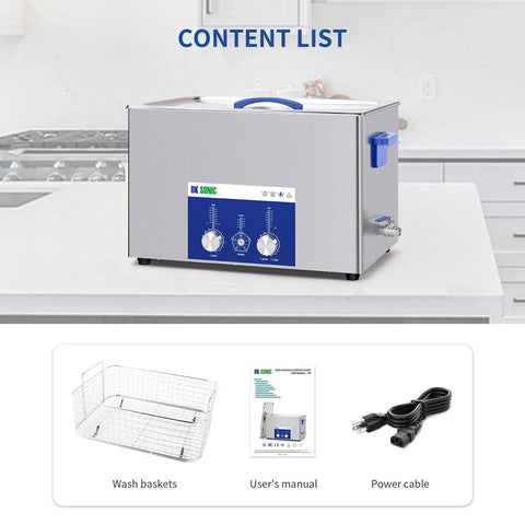 Top Notch Dk Sonic 30L Ultrasonic Cleaner 600W with wash baskets, user manual, and power cable on a kitchen countertop.