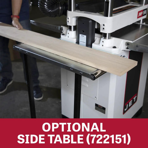 Heavy Duty 15 Inch Thickness Planer 3HP 230V Powerhouse with optional side table supporting a wood board for woodworking.