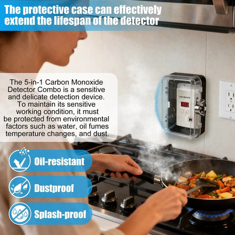 Woman cooking near wall-mounted Carbon Monoxide Detector Lock Box With 2 Keys, Protective Enclosure For CO Alarm And Natural Gas Leak Detector.