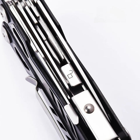 Side view of Do It All Folding Multitool Pliers With Safety Lock Stainless Steel EDC Tool showing closed blades and lock mechanism.