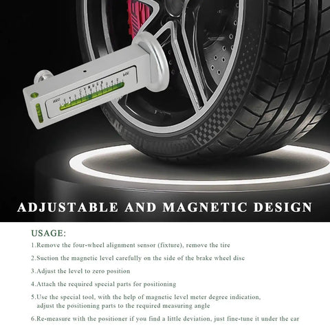 Adjustable Magnetic Wheel Alignment Gauge And Camber Caster Measurement Tool With Super Strong Magnetic Base showing use on tire.