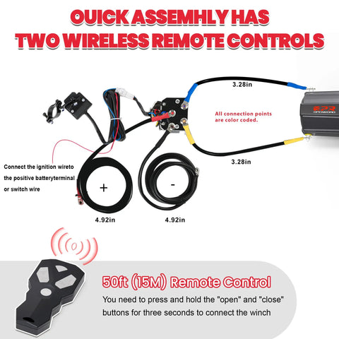 Trail Boss 6000 Lbs UTV Winch Waterproof Electric Recovery Beast With Fifty Foot Synthetic Rope Wireless Remote Off Road Rig installation guide with wireless remote controls.