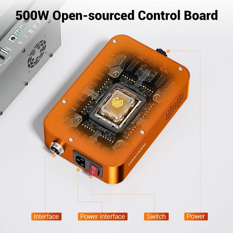 Beefy 500W CNC Spindle Motor With ER11 Chuck, 52mm Diameter, power control board highlighted in orange casing, labeled interfaces