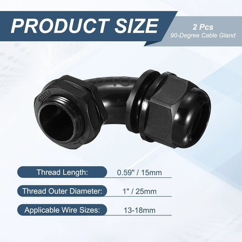 2 Pcs M25 Cable Gland Set 90 Degree Nylon Elbow Joint IP68 Waterproof Spiral Adjustable Cord Connector with Gaskets 13-18 mm