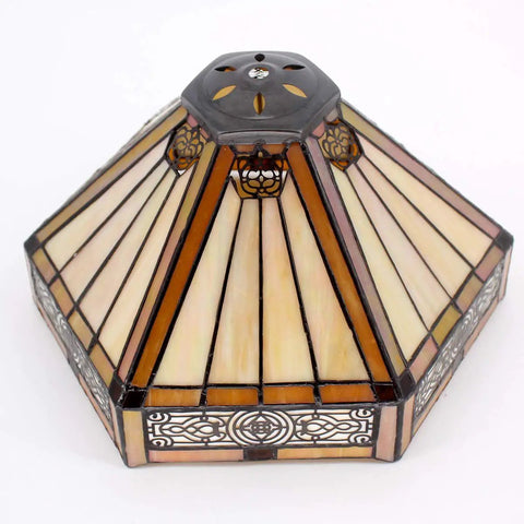 Tiffany Style Yellow Hexagon Pendant Light Fixture With Stained Glass, 12 Inch Wide Shade, intricate glass detail view.