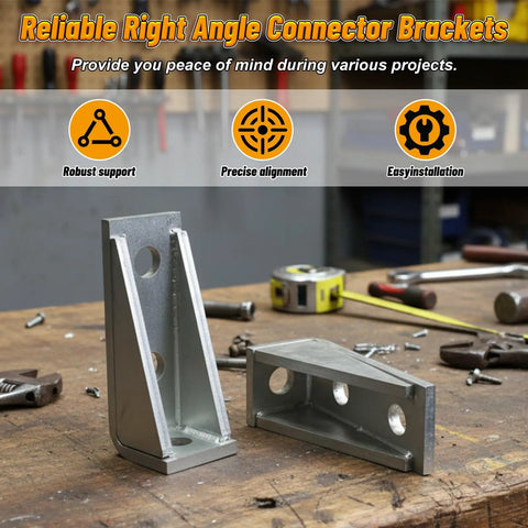 Built Tough As Nails Heavy Duty Welded Corner Braces Ninety Degree Gusseted Fittings For 1-5/8 Strut Channel Three Hole L Angle Connectors Four Pack Rock Solid Steel Hardware on workbench.