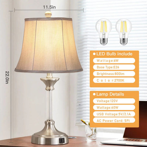 Set Of 2 Silver Touch-Activated Bedside Lamps With Dual USB Ports, 3-Way Dimmable Nightstand Lighting For Bedroom And Living Room, Includes Light Bulb, Easy Tap Control, Modern USB Table Lamps shown with dimensions and bulb details
