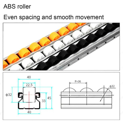 No Sweat Gravity Roller Conveyor Unloading Slide With Durable Steel Stand And Abs Plastic Rollers Lightweight Freight Transfer Rail view showing ABS rollers and dimensions.
