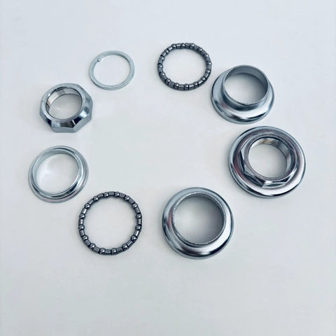 Dope One Inch Threaded Bicycle Headset Kit Eight Piece Front Fork Cup Set Lightweight Steel CP Finish with Caged Bearings
