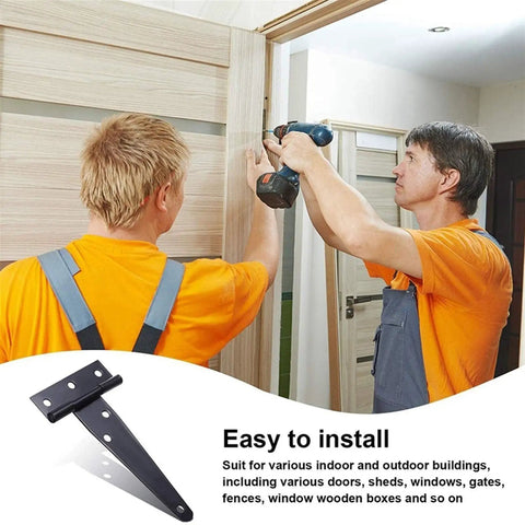 Two workers installing Six Piece 4 Inch T Hinge Set For Doors And Gates, Rust Proof Black Hardware, Easy Install Indoor Outdoor