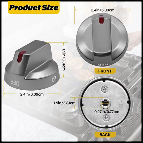 Upgraded Gas Stove Knob Replacement Set, 5 Pack Thick Metal Ring Reinforced Dial Knobs, showing front, side, back views.