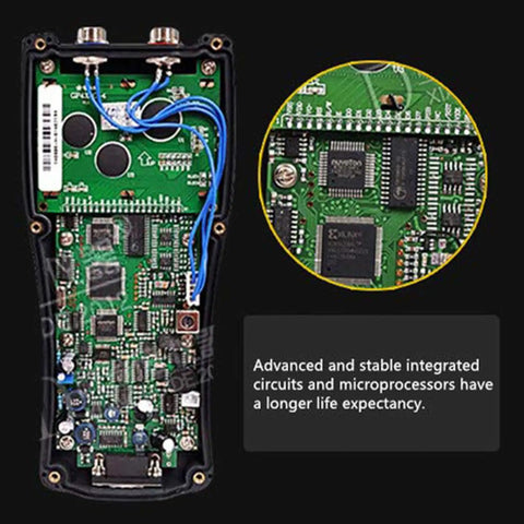 Internal view of Handheld Ultrasonic Flow Meter Portable Clamp On Flow Sensor with detailed circuits and microprocessors.