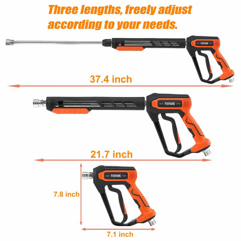 Beast Mode 5000 PSI Pressure Washer Gun Kit with Replacement Wand Extension showing three adjustable lengths and measurements.