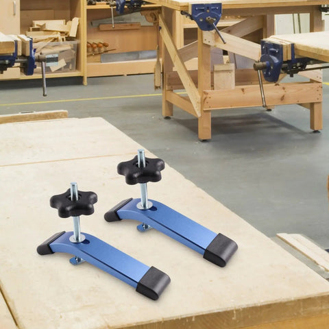 Rock Solid 2-Pack T-Slot Clamps With M8 Hold Down And Slide Tracks Plus Anodized Aluminum Lever Handle For Woodworking Jobs And CNC Milling Jig Fixing To Keep Your Projects On Point Without Bother on a workbench.