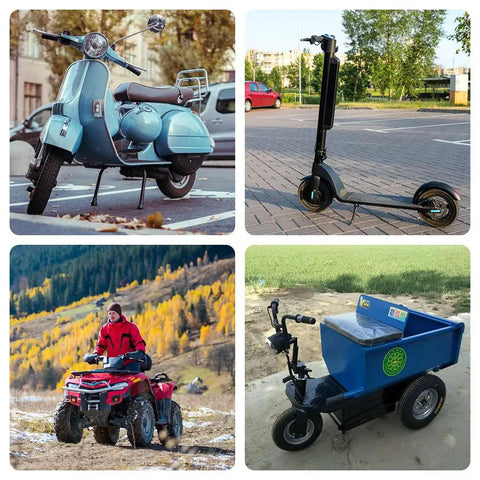Collage of scooter, electric scooter, ATV, and electric utility cart for mobility and recreational use