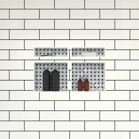 Quad Niche Recessed Shower Shelf Black With Four Inner Shelves, 32 Inch Wide By 20 Inch High By 4 Inch Deep, tiled and organized.